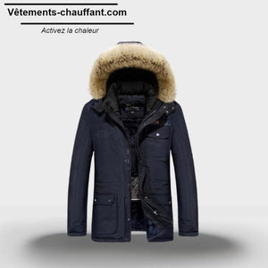 Blouson chauffant homme capuche fourrure bleu – élégance hivernale | VETCHAUD™ - vetement chauffant