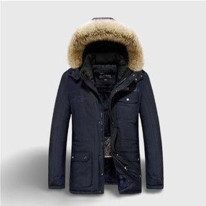 Blouson chauffant homme capuche fourrure bleu – élégance hivernale | VETCHAUD™ - vetement chauffant