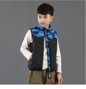 Gilet chauffant enfant camouflage bleu – 3 zones USB | VETCHAUD™ - vetement chauffant