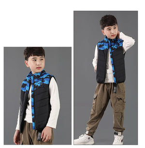 Gilet chauffant enfant camouflage bleu – 3 zones USB | VETCHAUD™ - vetement chauffant