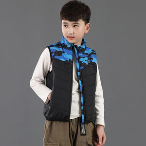 Gilet chauffant enfant camouflage bleu – 3 zones USB | VETCHAUD™ - vetement chauffant
