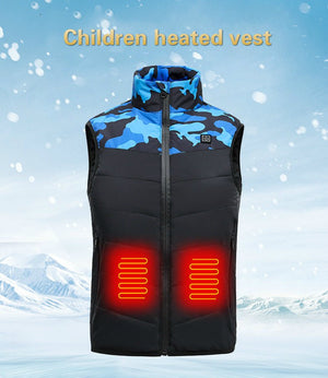 Gilet chauffant enfant camouflage bleu – 3 zones USB | VETCHAUD™ - vetement chauffant