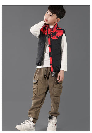 Gilet chauffant enfant camouflage rouge – 3 zones USB | VETCHAUD™ - vetement chauffant