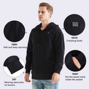 Sweat chauffant USB noir à capuche 5 zones – usage urbain quotidien | VETCHAUD™ - vetement chauffant