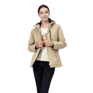 Veste chauffante électrique femme beige imperméable – toutes conditions | VETCHAUD™ - vetement chauffant