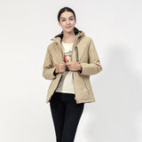 Veste chauffante électrique femme beige imperméable – toutes conditions | VETCHAUD™ - vetement chauffant