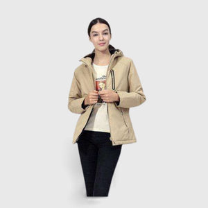 Veste chauffante électrique femme beige imperméable – toutes conditions | VETCHAUD™ - vetement chauffant