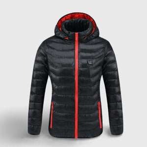 Veste d'hiver chauffante rouge et noire avec capuche – design moderne | VETCHAUD™ - vetement chauffant
