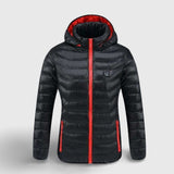 Veste d'hiver chauffante rouge et noire avec capuche – design moderne | VETCHAUD™ - vetement chauffant