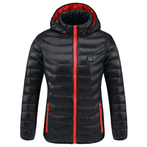 Veste d'hiver chauffante rouge et noire avec capuche – design moderne | VETCHAUD™ - vetement chauffant