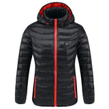 Veste d'hiver chauffante rouge et noire avec capuche – design moderne | VETCHAUD™ - vetement chauffant